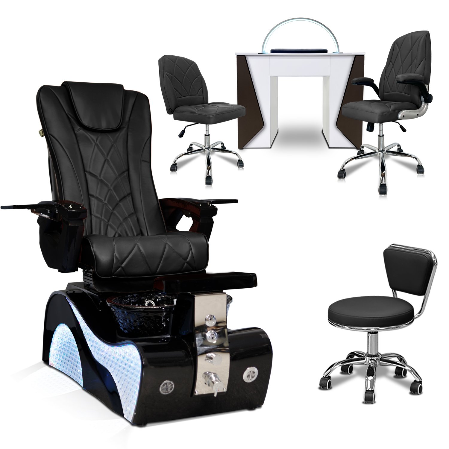 COMBO 6-PIECE SET | NewWave Black Pedicure Chair - Mesmer Nail Table, Venus Technician & Customer Chair