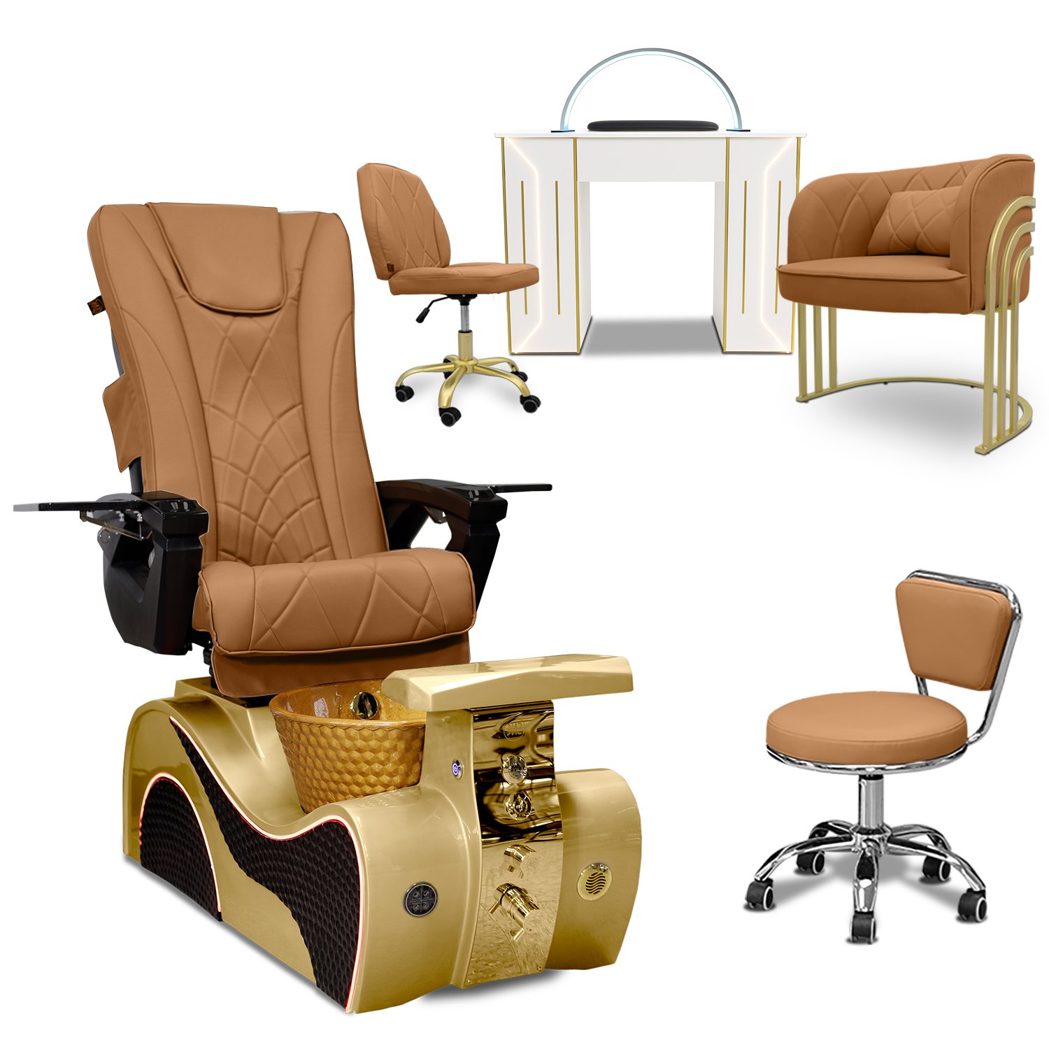 COMBO 6-PIECE SET | Newwave Pedicure Chair - Royal Nail Table Led, Troy Technician & Customer Chair