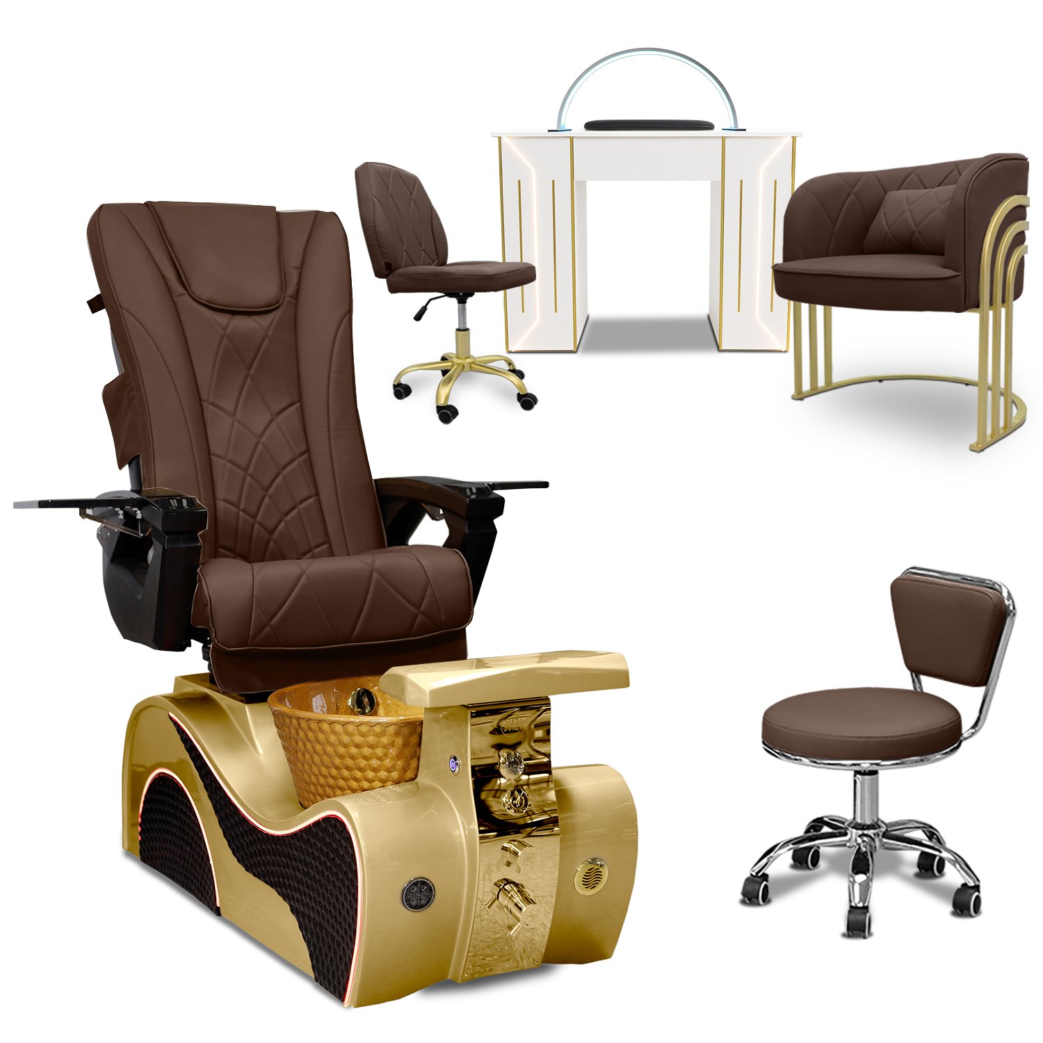 COMBO 6-PIECE SET | Newwave Pedicure Chair - Royal Nail Table Led, Troy Technician & Customer Chair