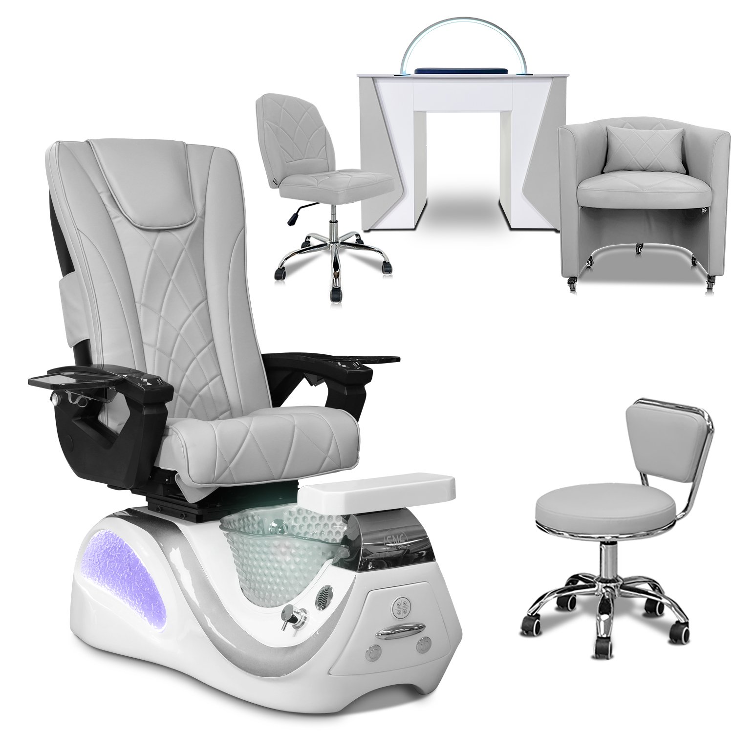 COMBO 6-PIECE SET | Dolphin Pedicure Chair - Mesmer Nail Table, Armchair Venus Technician & Customer Chair